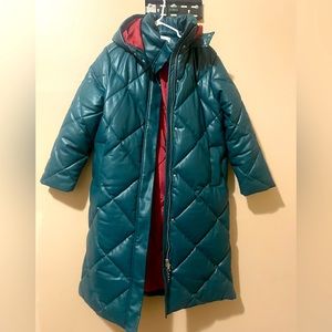Never Worn Teal Faux Leather Puffer Trench L